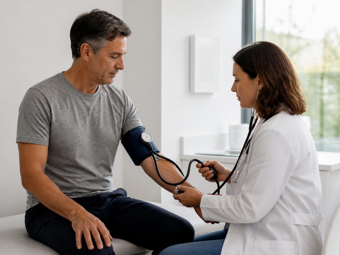 A doctor taking a blood pressure reading during a physical exam