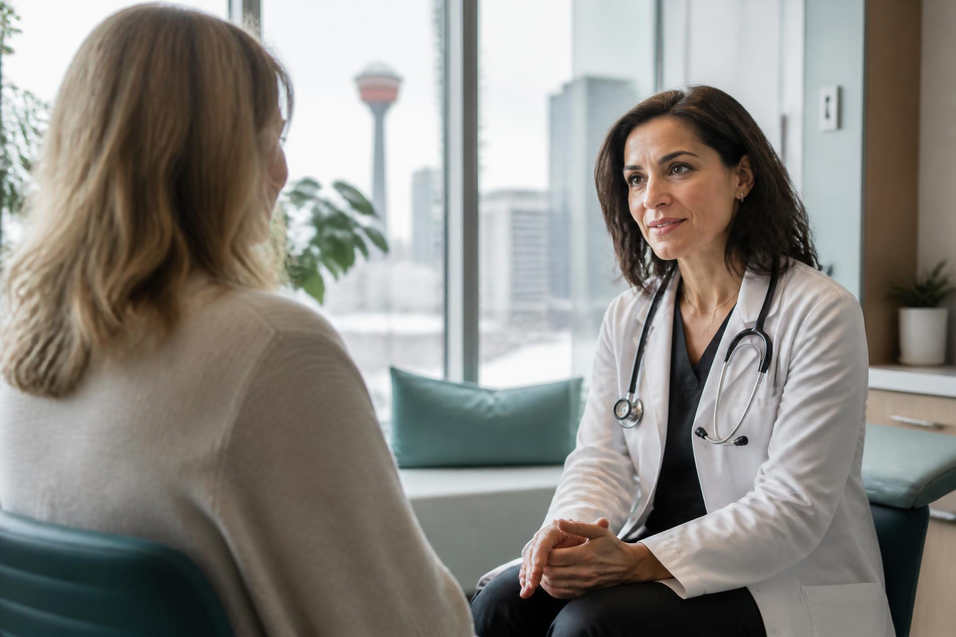 A family physician talking with a patient in a bright Calgary clinic room