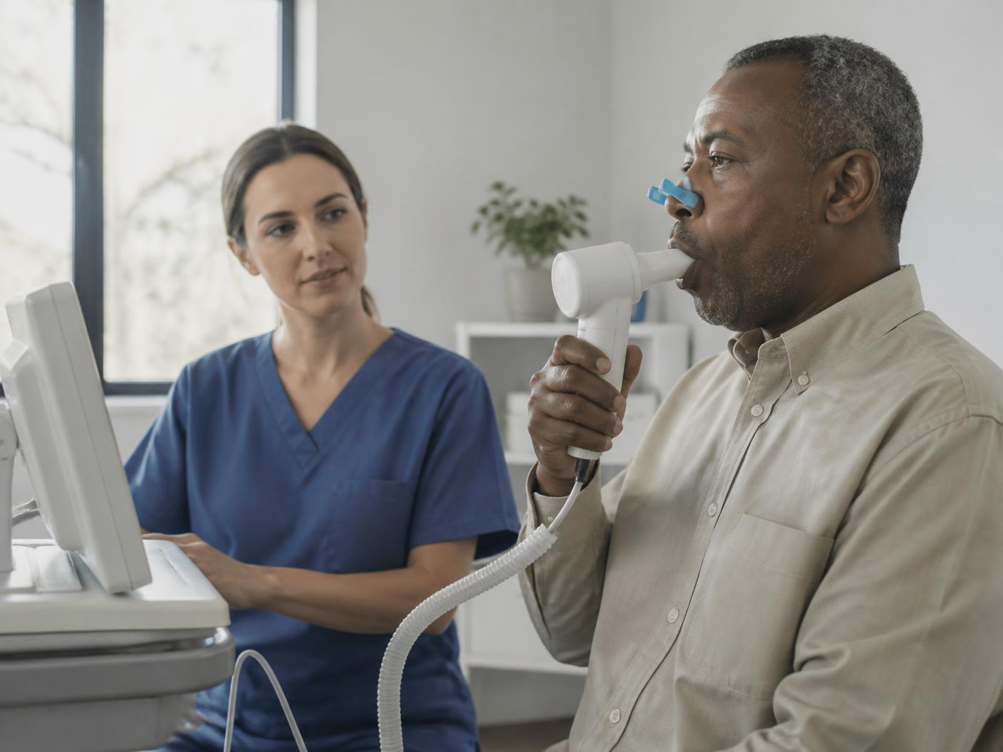 A patient performing a spirometry lung function test with a clinician