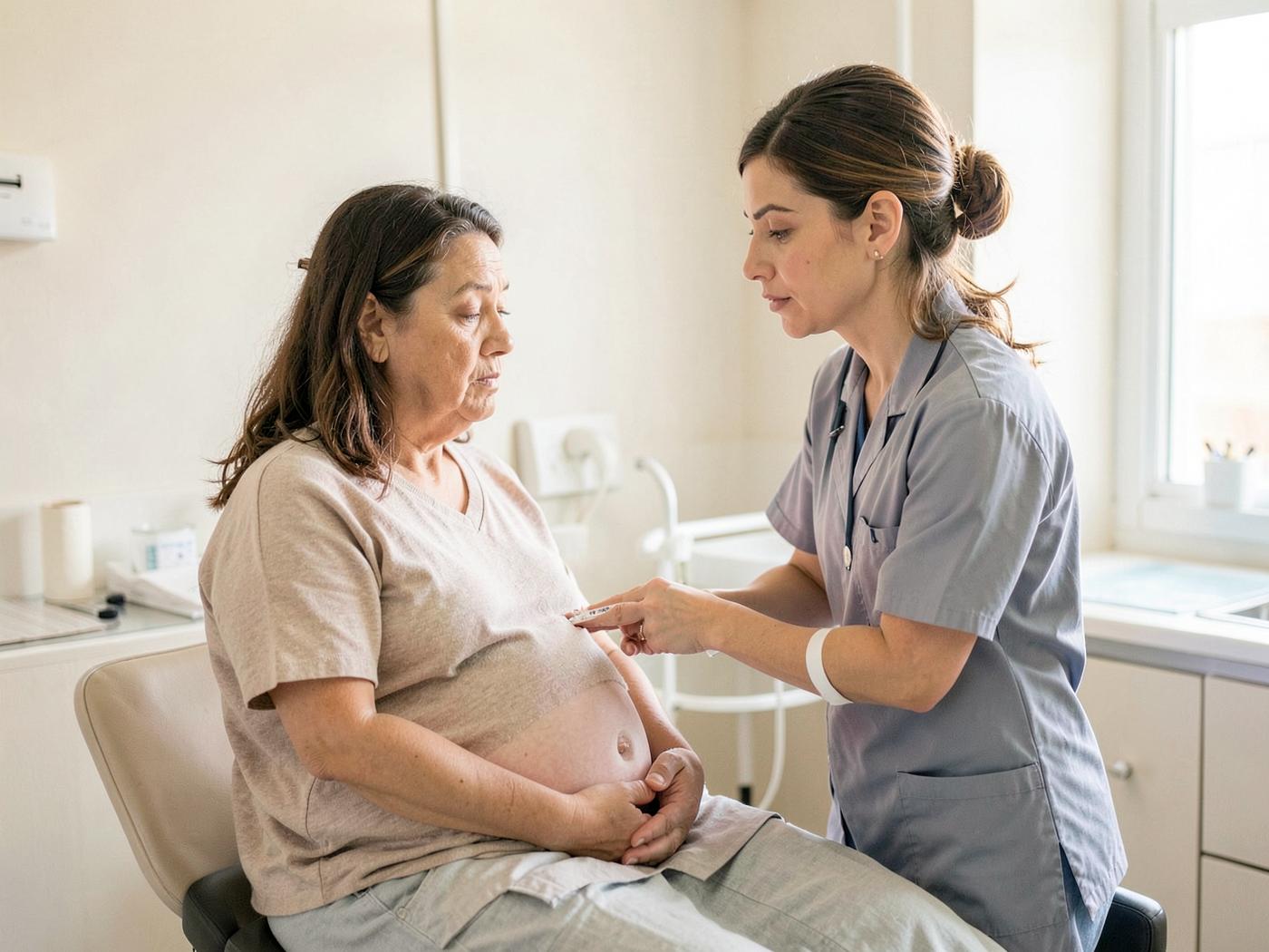 A clinician carrying out a prenatal check-up