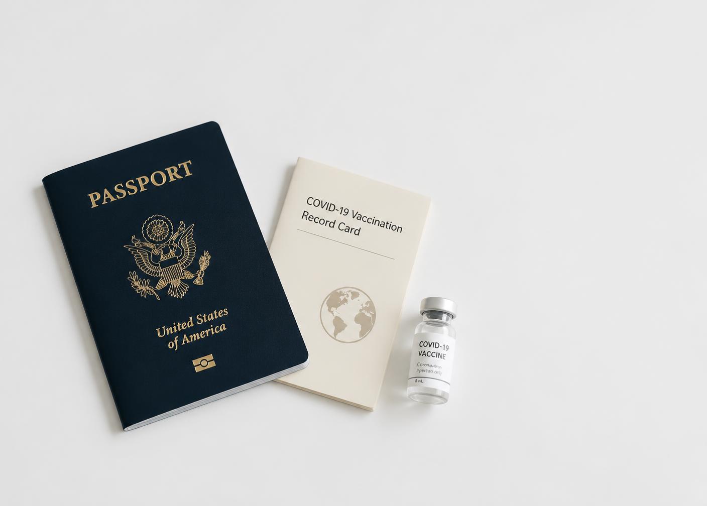 A passport and vaccination record card on a white surface