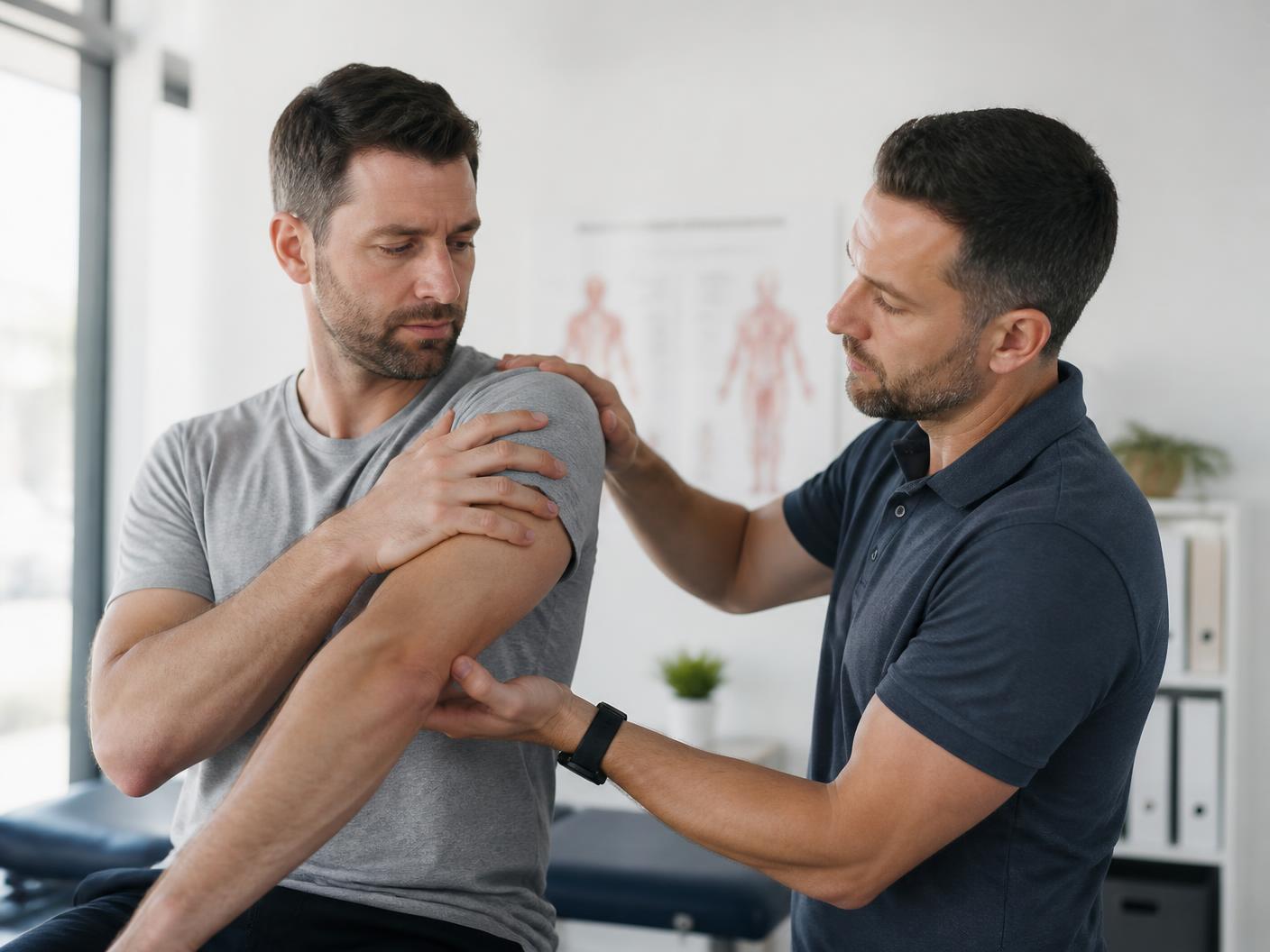 A clinician assessing an injured shoulder